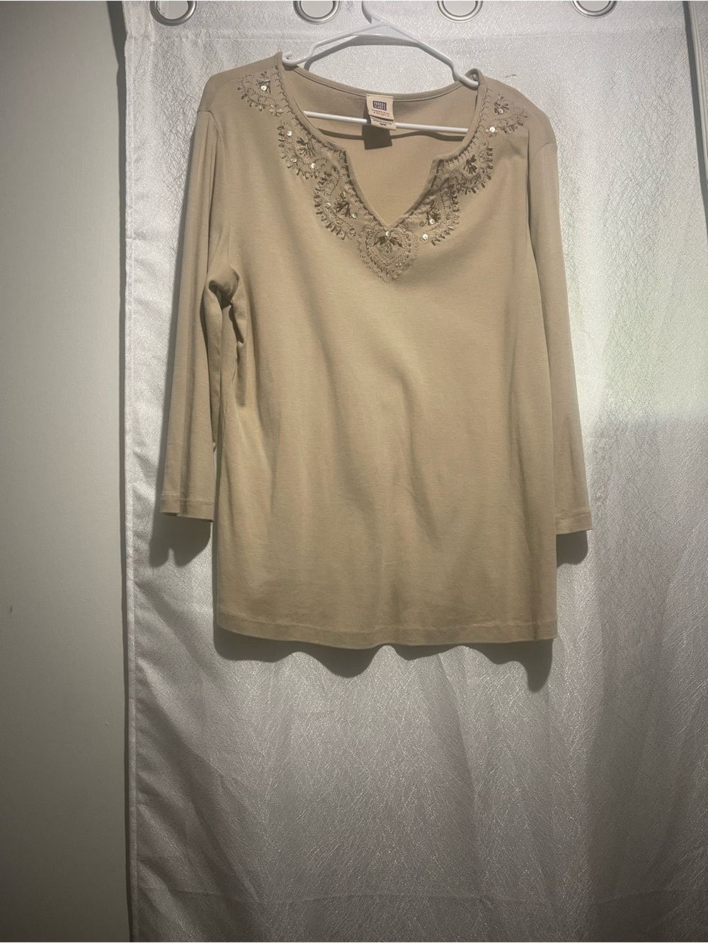 Faded Glory Beige Embellished V-Neck Long Sleeve Top
